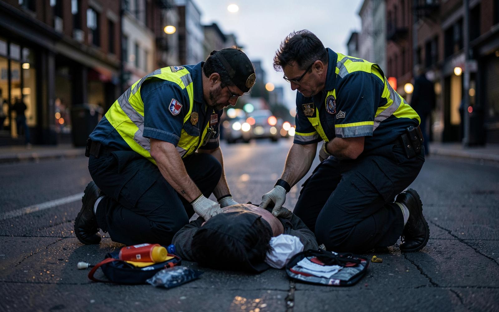 Personal de emergencia atendiendo a una persona en la calle
